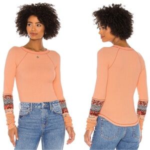 Free People Peach Long Sleeve Top with Patterned Cuffs